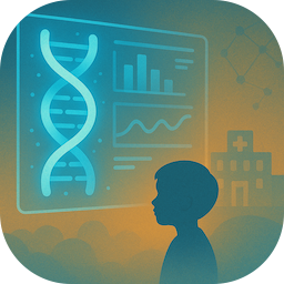 Silhouette of a child gazing at a holographic display showing a glowing turquoise DNA helix and data charts, set against an abstract hospital outline in blue and orange tones.