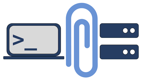 an icon composed of a laptop, paperclip, and two servers