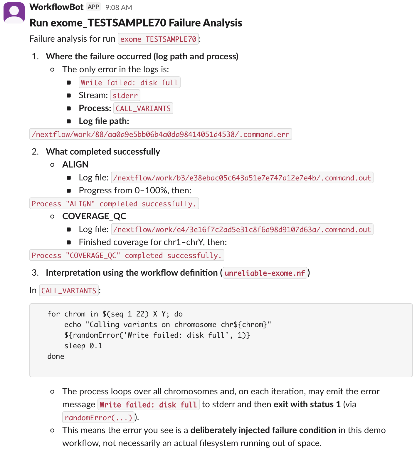 slack screenshot showing the AI agent's response